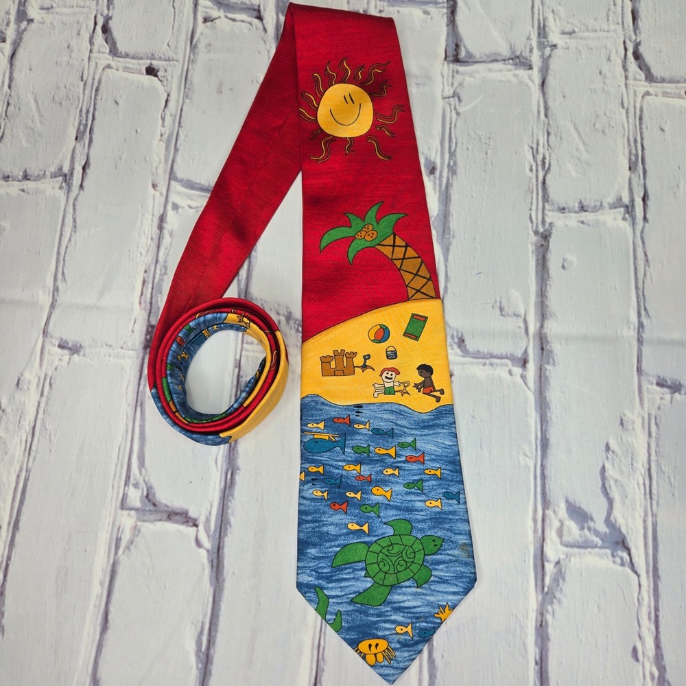 Save the Children Beach Turtle Sun Palm Tree Kids Fun Novelty Silk Necktie‎ Mens